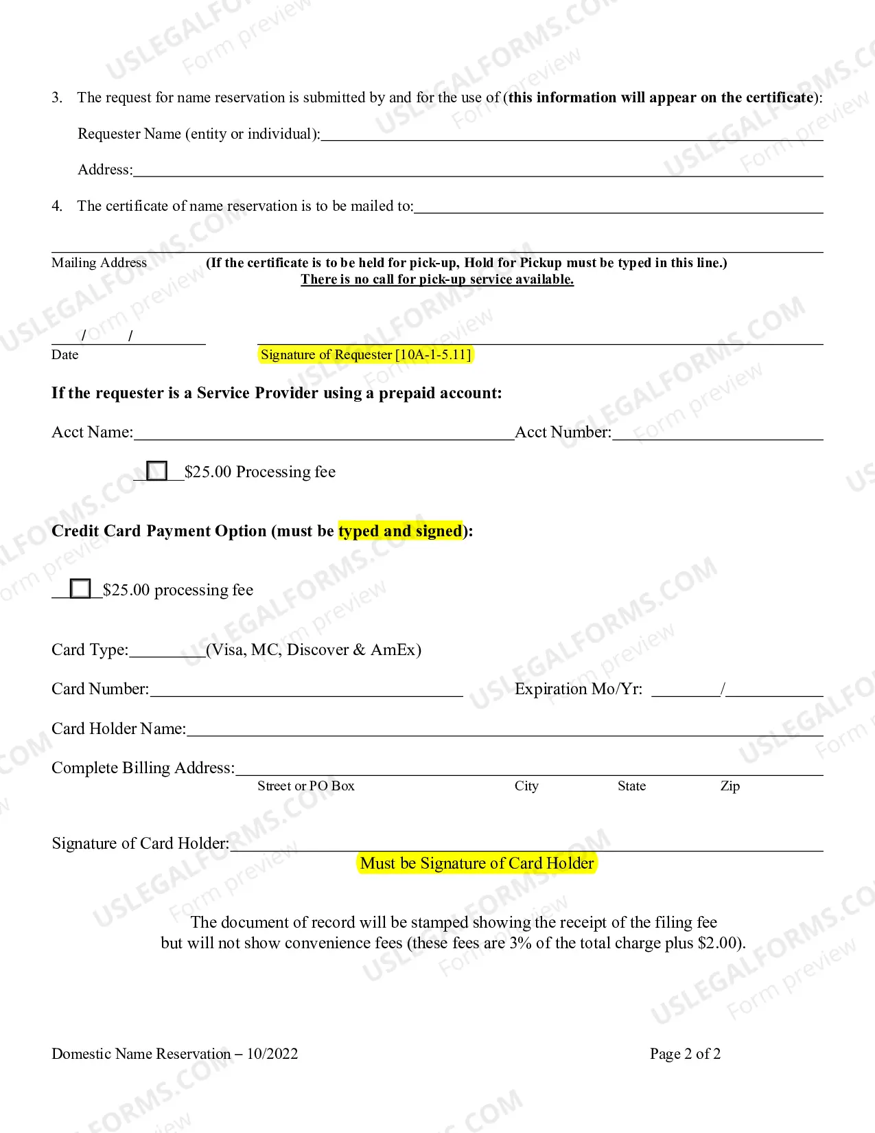 Preview Name Reservation Request Form for Domestic Entities