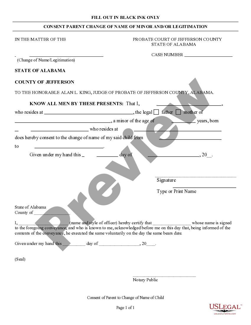 Alabama Consent by Parent or Guardian to Name Change of Minor Minor
