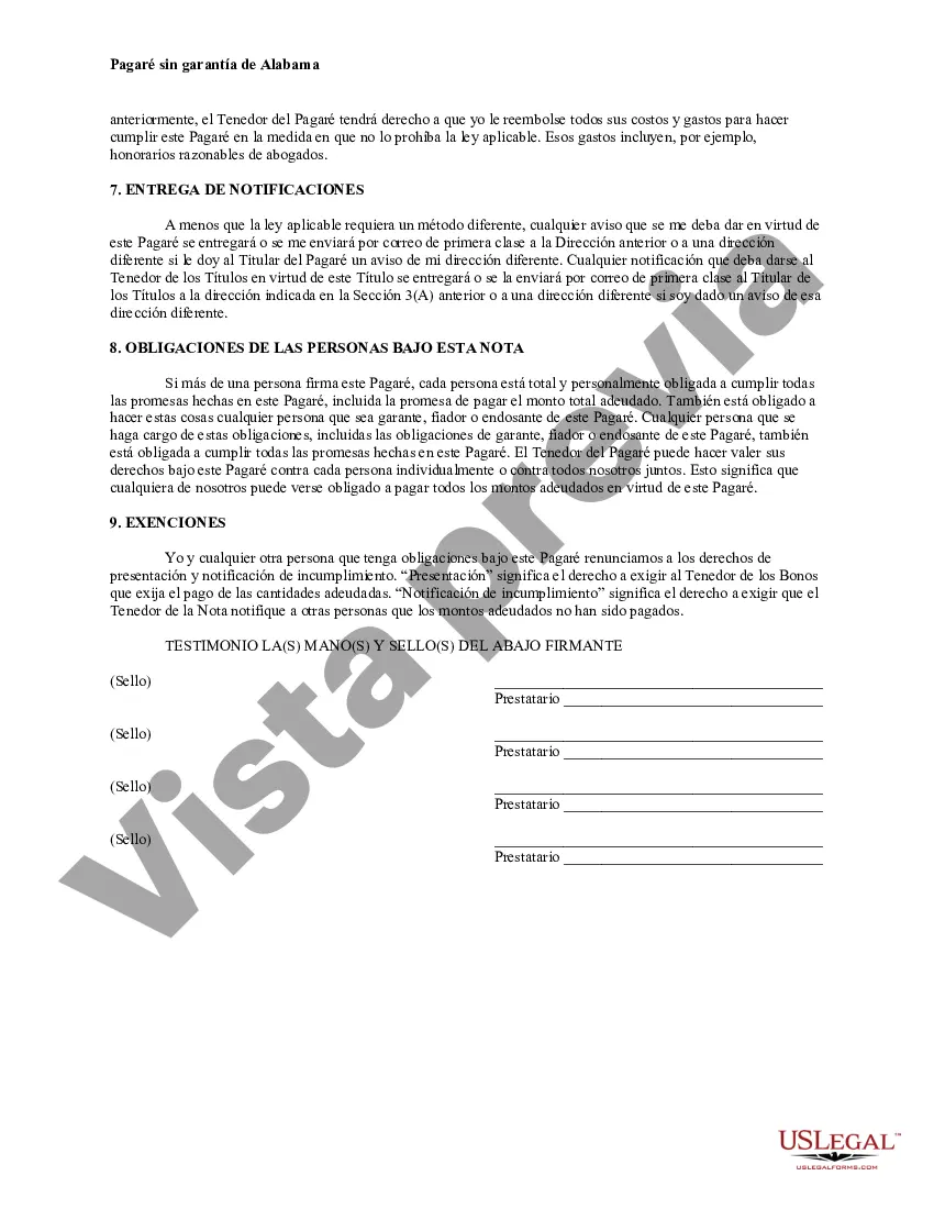 Preview Pagaré de pago a plazos no garantizado de Alabama para tasa fija
