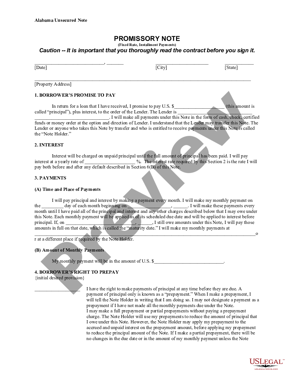 page 0 Alabama Unsecured Installment Payment Promissory Note for Fixed Rate preview