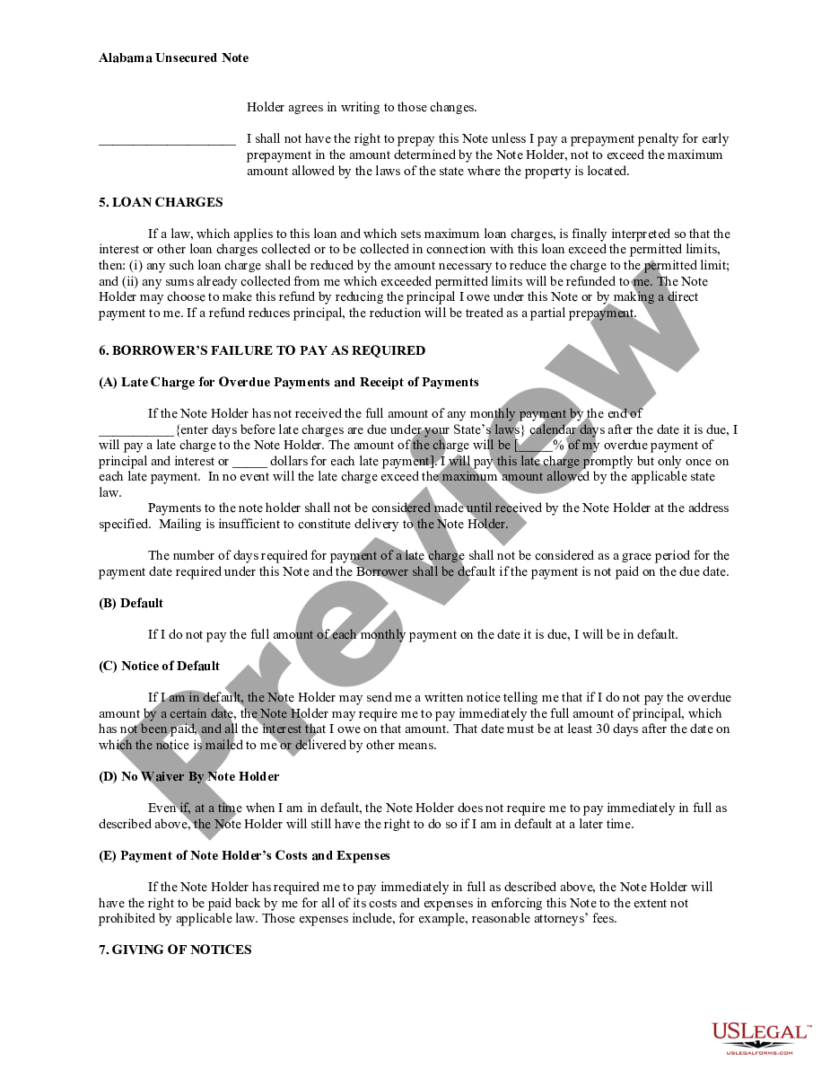 page 1 Alabama Unsecured Installment Payment Promissory Note for Fixed Rate preview