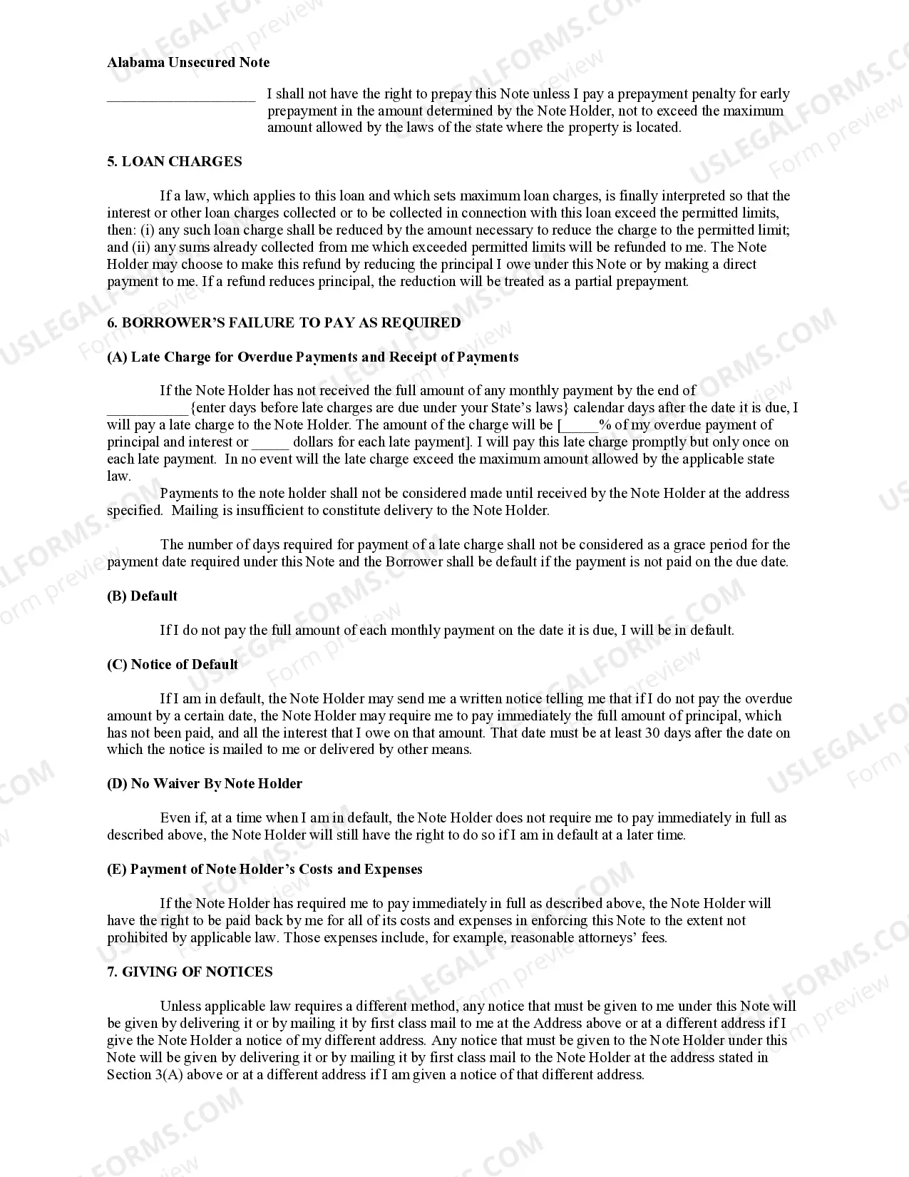 Preview Alabama Unsecured Installment Payment Promissory Note for Fixed Rate