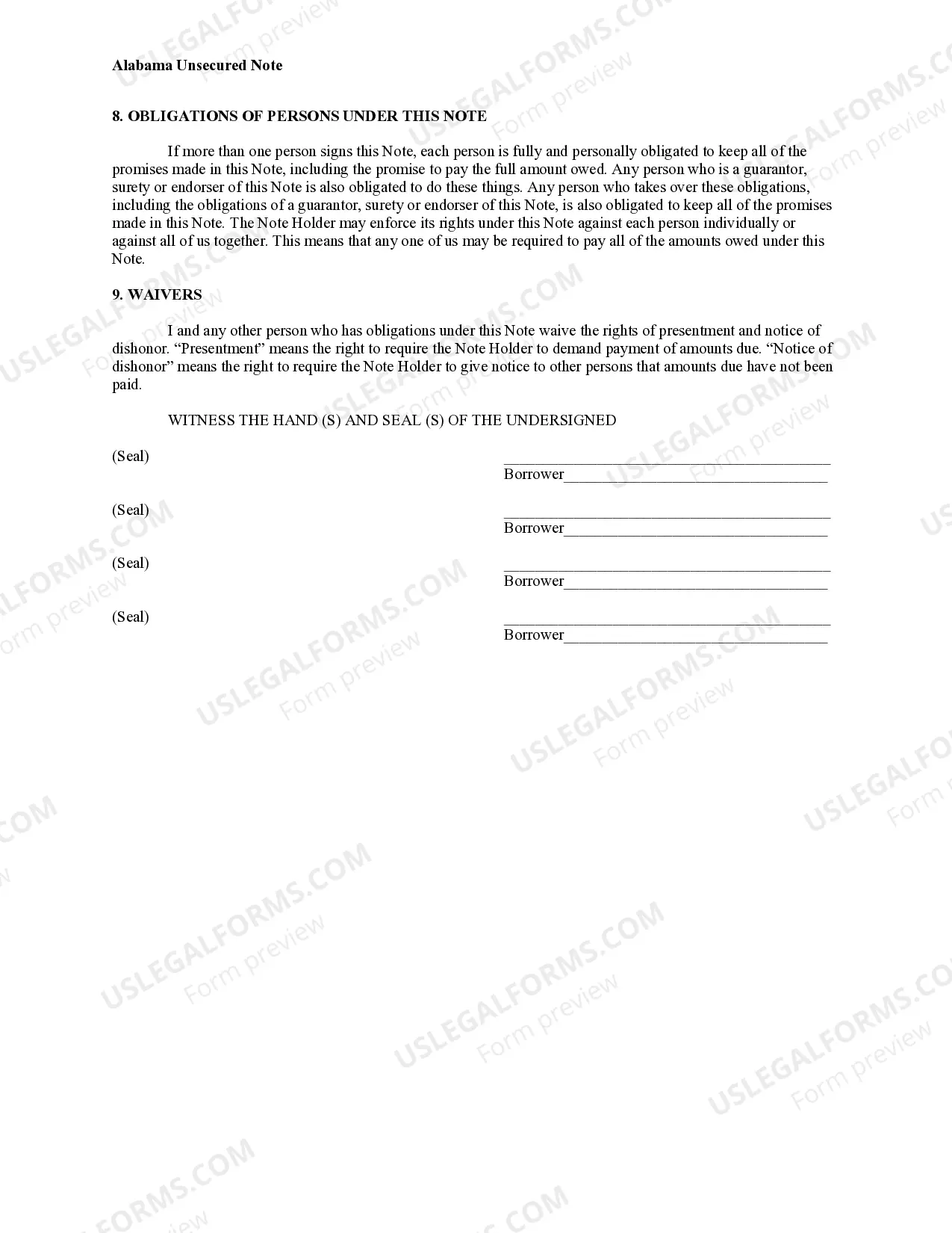 Preview Alabama Unsecured Installment Payment Promissory Note for Fixed Rate