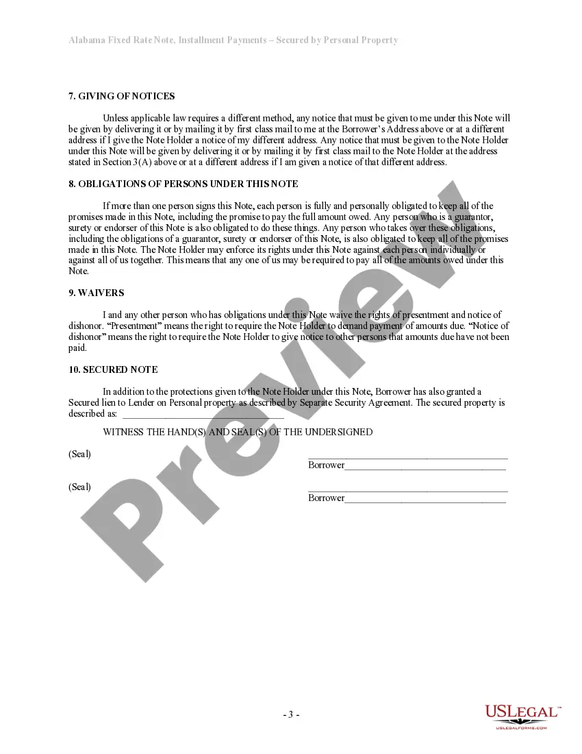 Get Alabama Installments Fixed Rate Promissory Note Secured by Personal Property Preview Alabama Installments Fixed Rate Promissory Note Secured by Personal Property