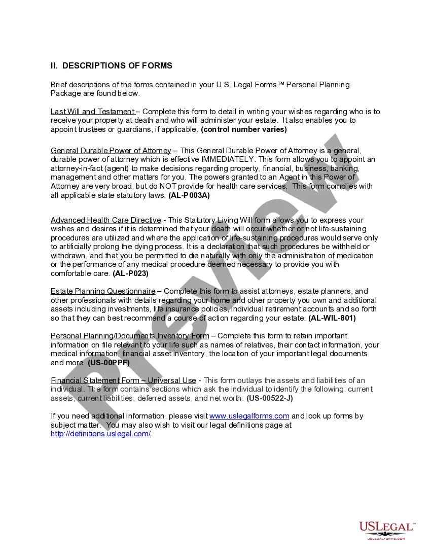 Get Alabama Life Documents Planning Package, including Will, Power of Attorney and Living Will Preview Alabama Life Documents Planning Package, including Will, Power of Attorney and Living Will