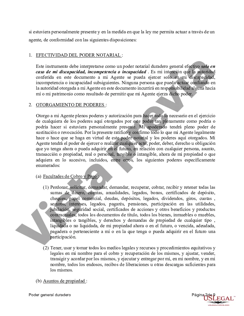 Preview Poder general duradero para la propiedad y las finanzas o efectivo financiero en caso de incapacidad