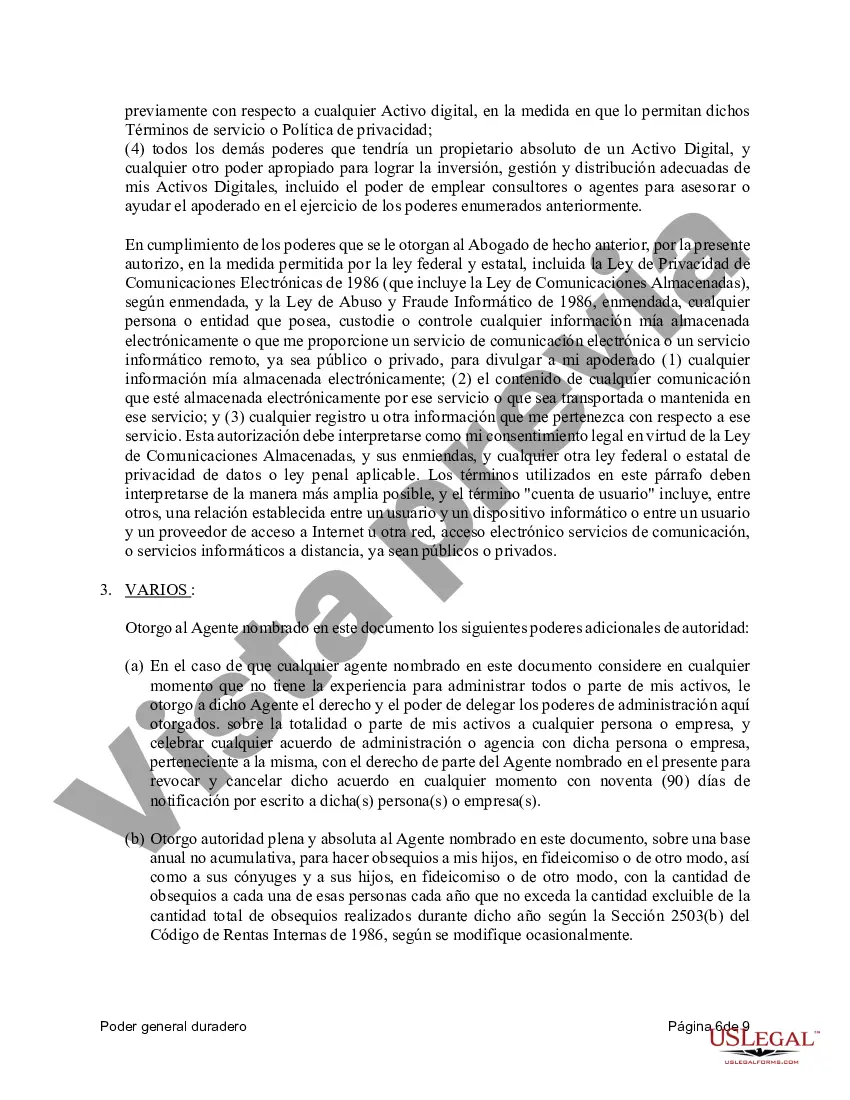 Preview Poder general duradero para la propiedad y las finanzas o efectivo financiero en caso de incapacidad