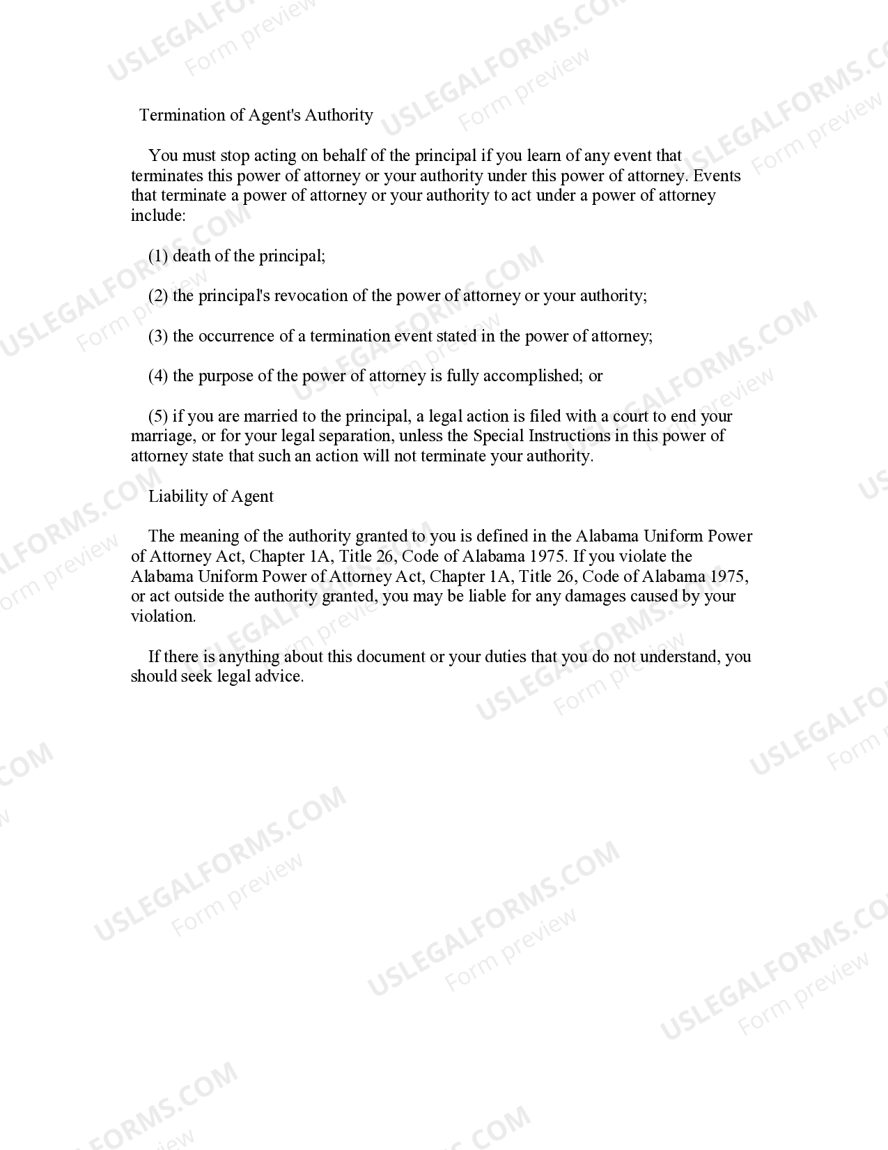 Alabama Statutory General Power of Attorney Effective Immediately