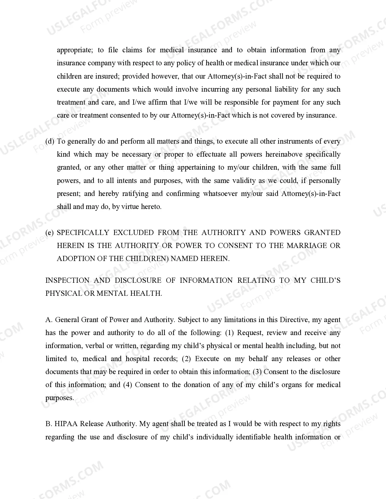 Preview Power of Attorney for Care and Custody of Children