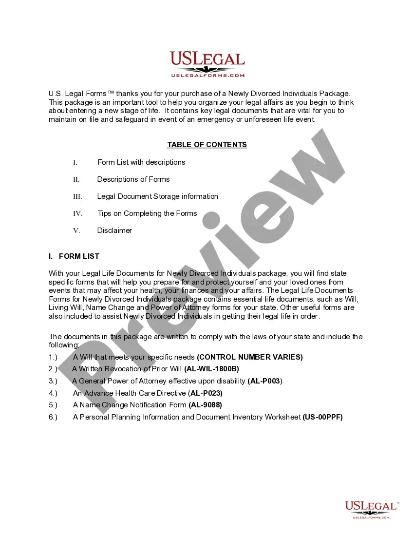 Preview Alabama Newly Divorced Individuals Package