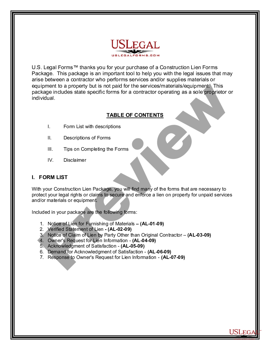 page 1 Alabama Construction or Mechanics Lien Package - Individual preview