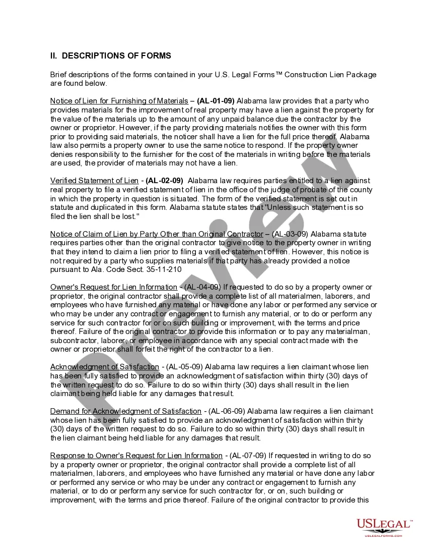 Preview Alabama Construction or Mechanics Lien Package - Individual