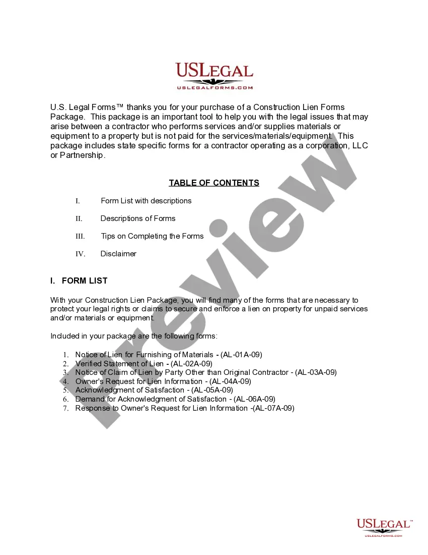 Preview Alabama Construction or Mechanics Lien Package - Corporation