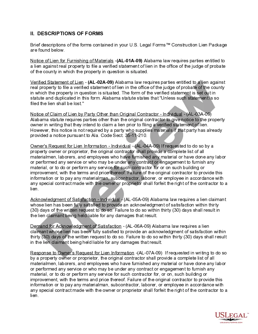 Preview Alabama Construction or Mechanics Lien Package - Corporation