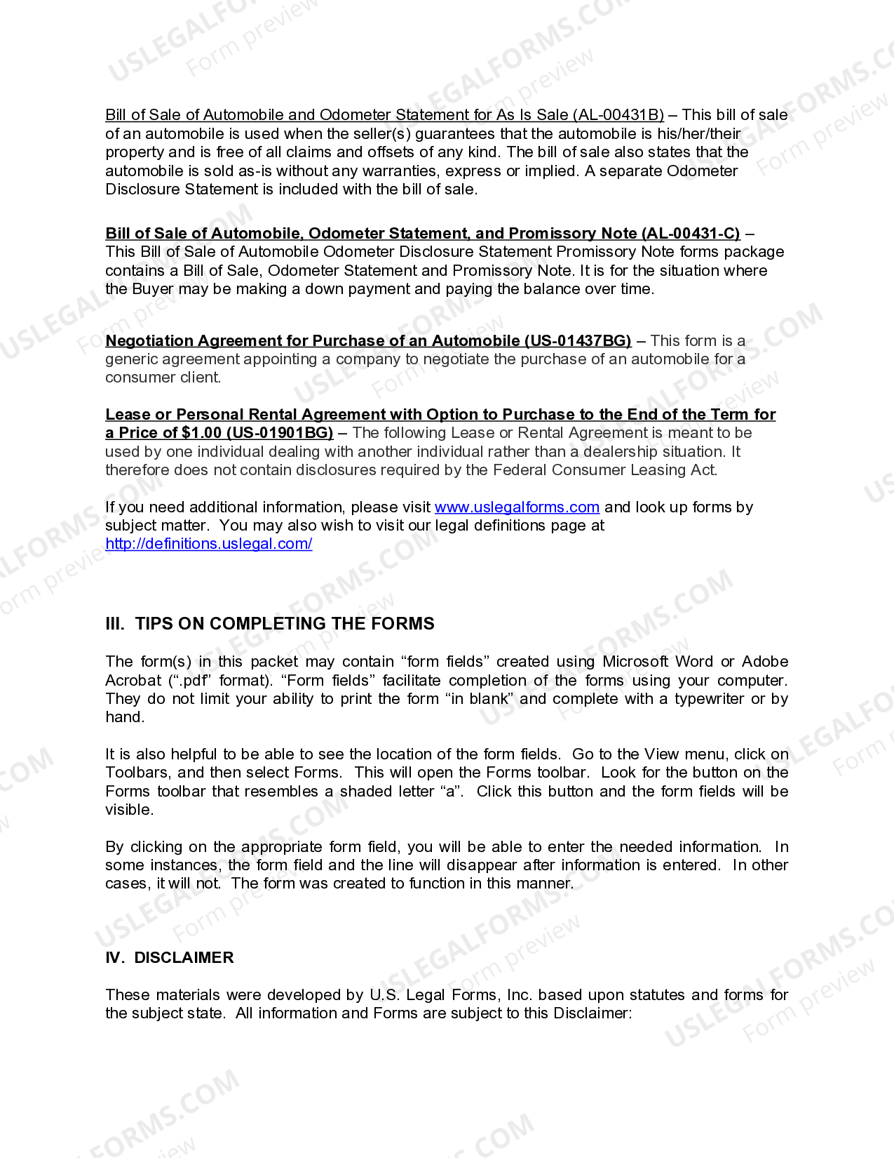 Alabama Automobile Bill Of Sale With Payments US Legal Forms