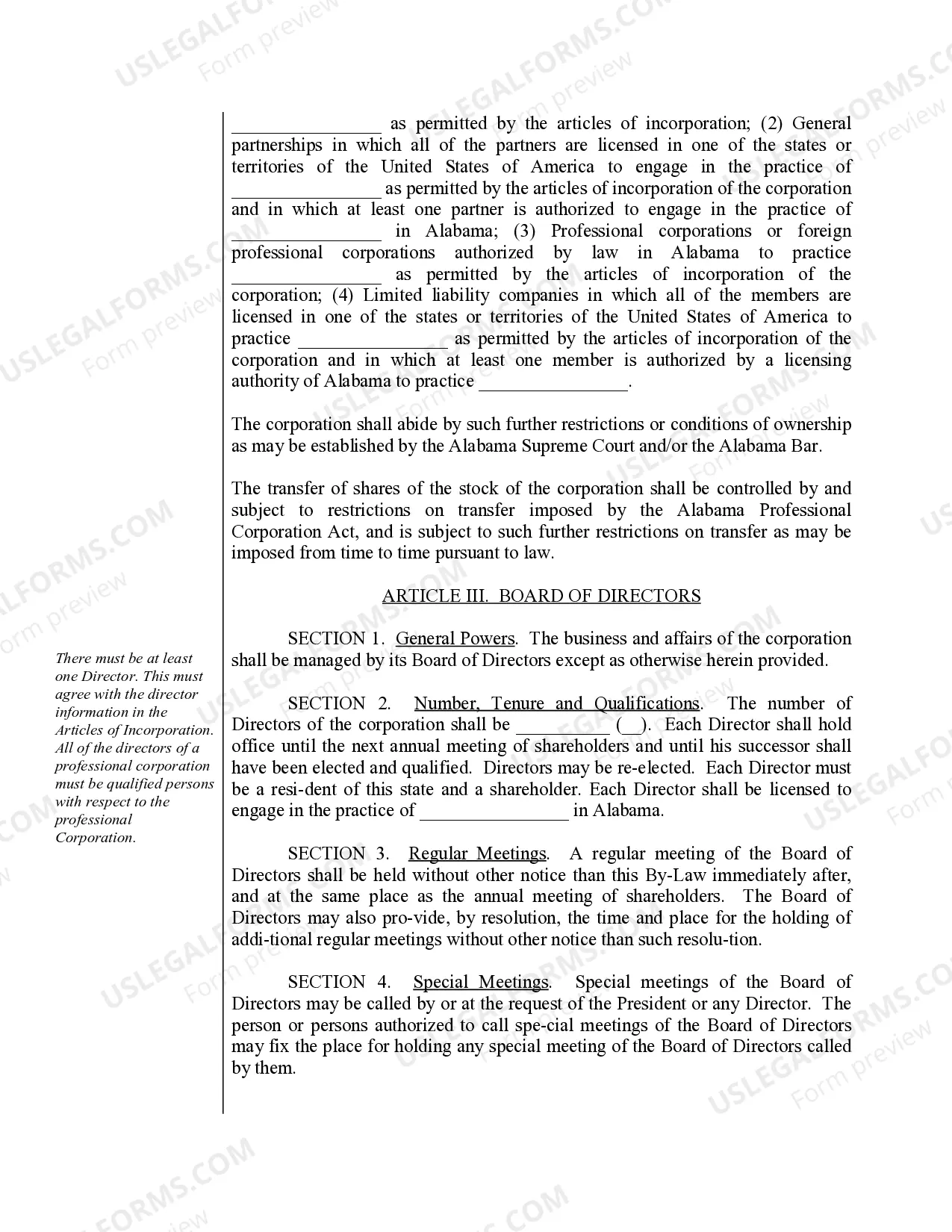 Preview Sample Bylaws for an Alabama Professional Corporation