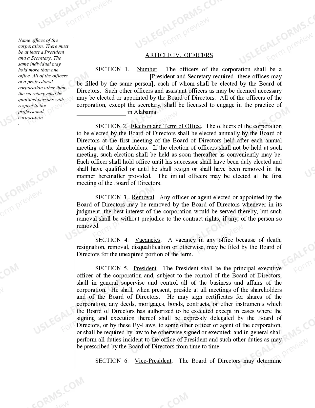 Preview Sample Bylaws for an Alabama Professional Corporation