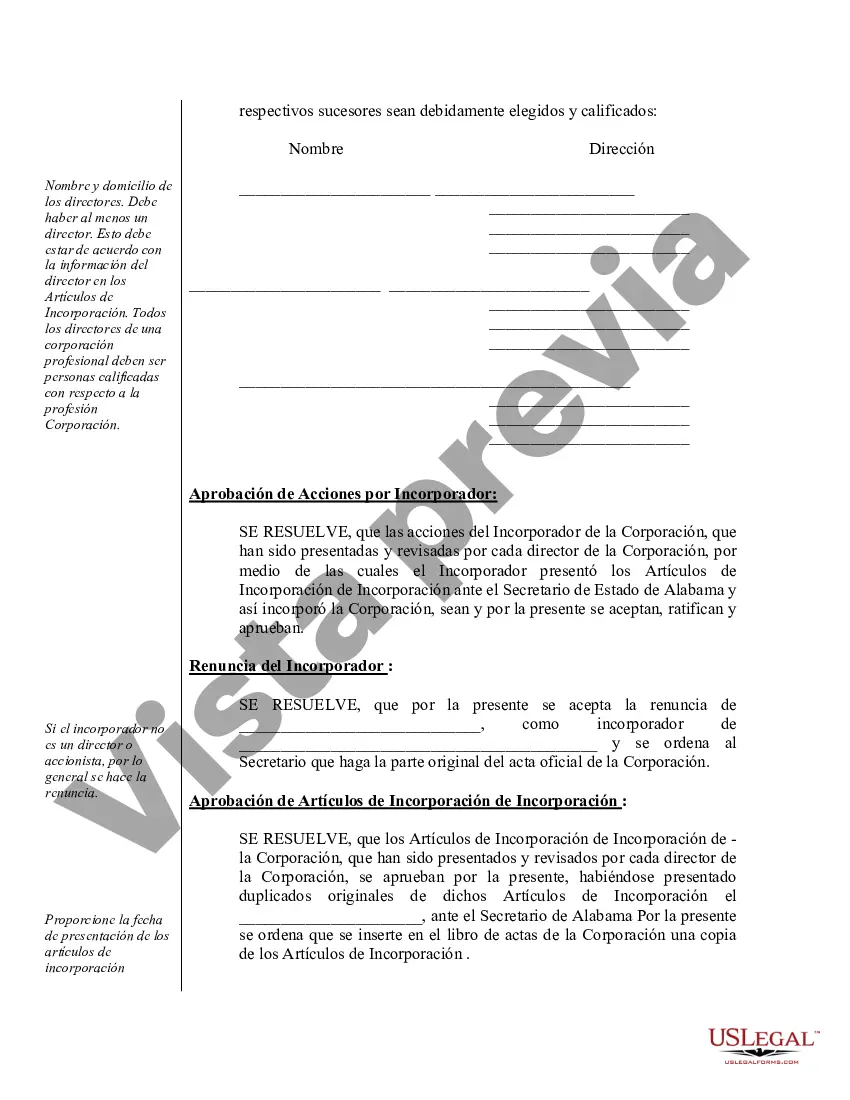 Preview Ejemplo de actas de organización para una corporación profesional de Alabama
