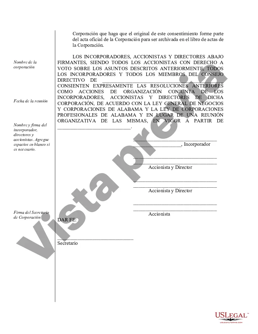 Preview Ejemplo de actas de organización para una corporación profesional de Alabama