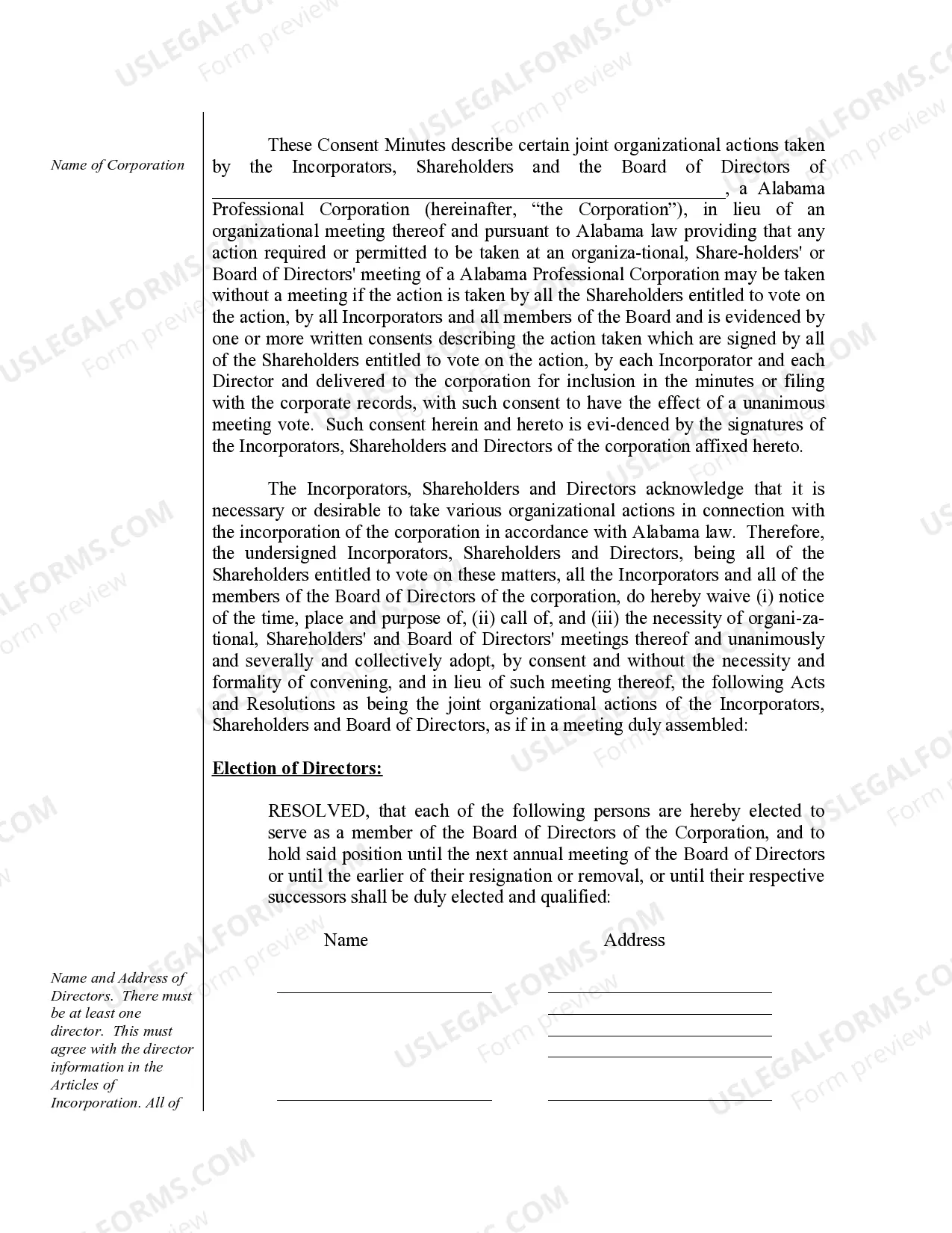 Preview Sample Organizational Minutes for an Alabama Professional Corporation