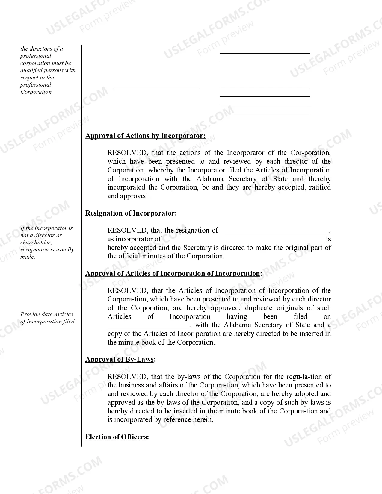 Preview Sample Organizational Minutes for an Alabama Professional Corporation