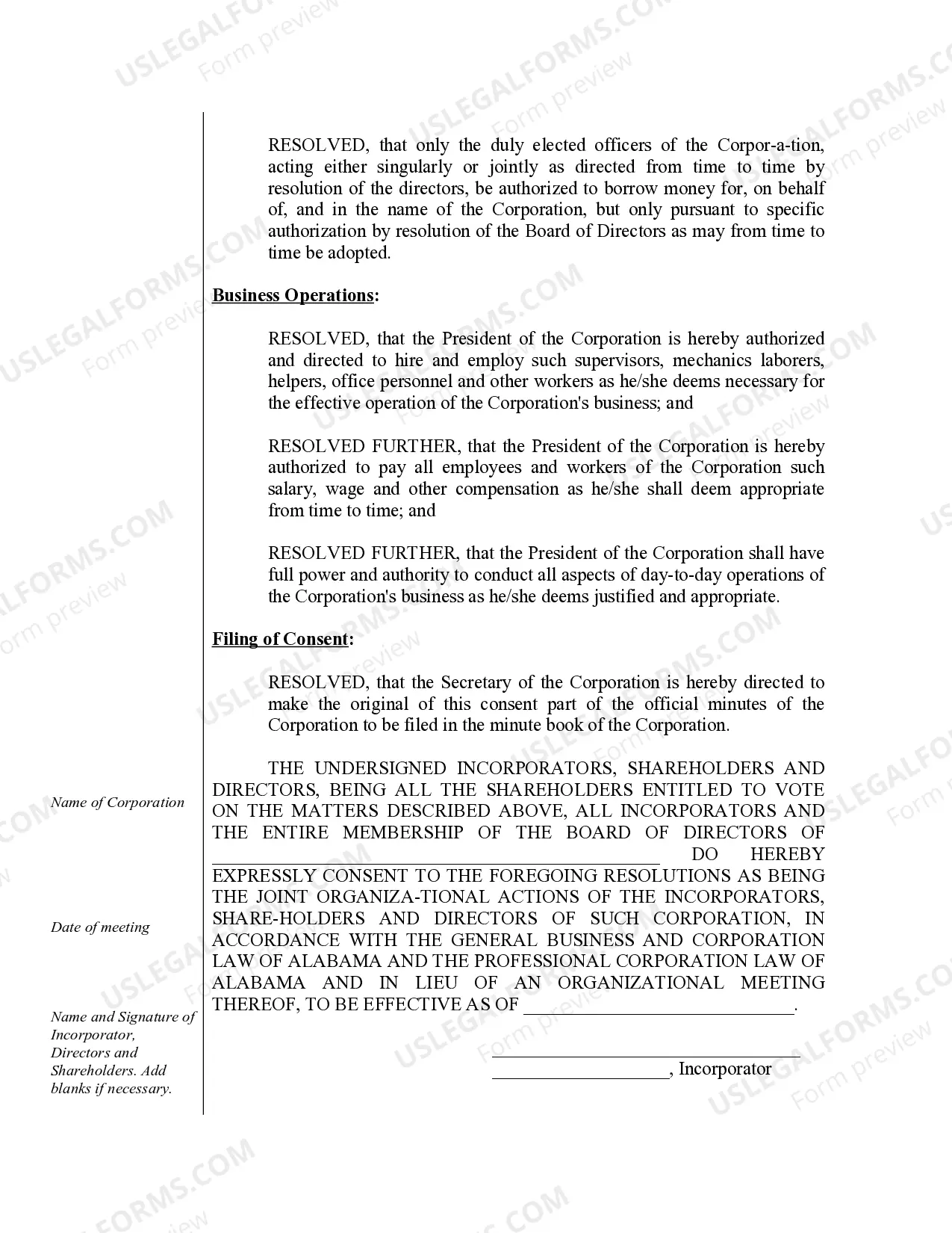 Preview Sample Organizational Minutes for an Alabama Professional Corporation