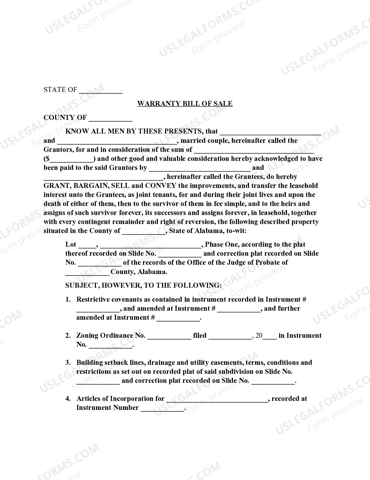 Alabama Warranty Bill of Sale US Legal Forms