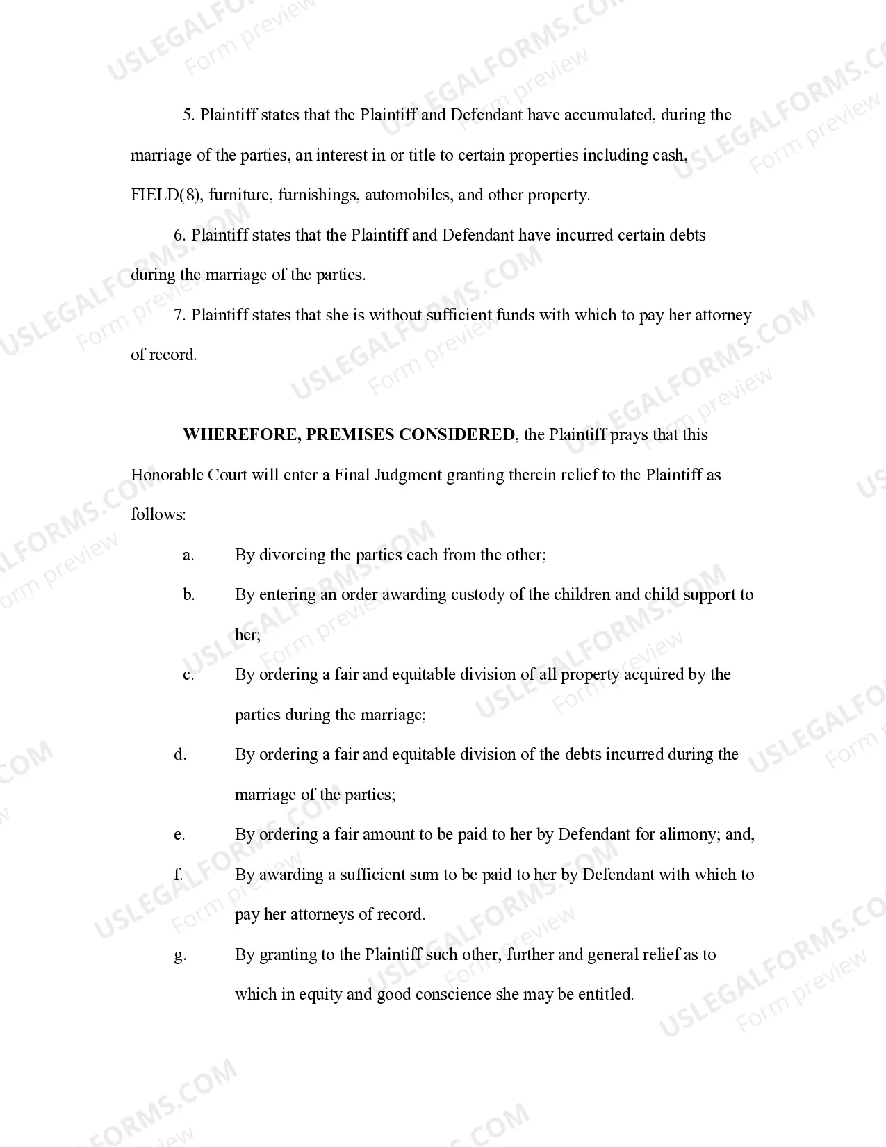 Preview Complaint for Divorce
