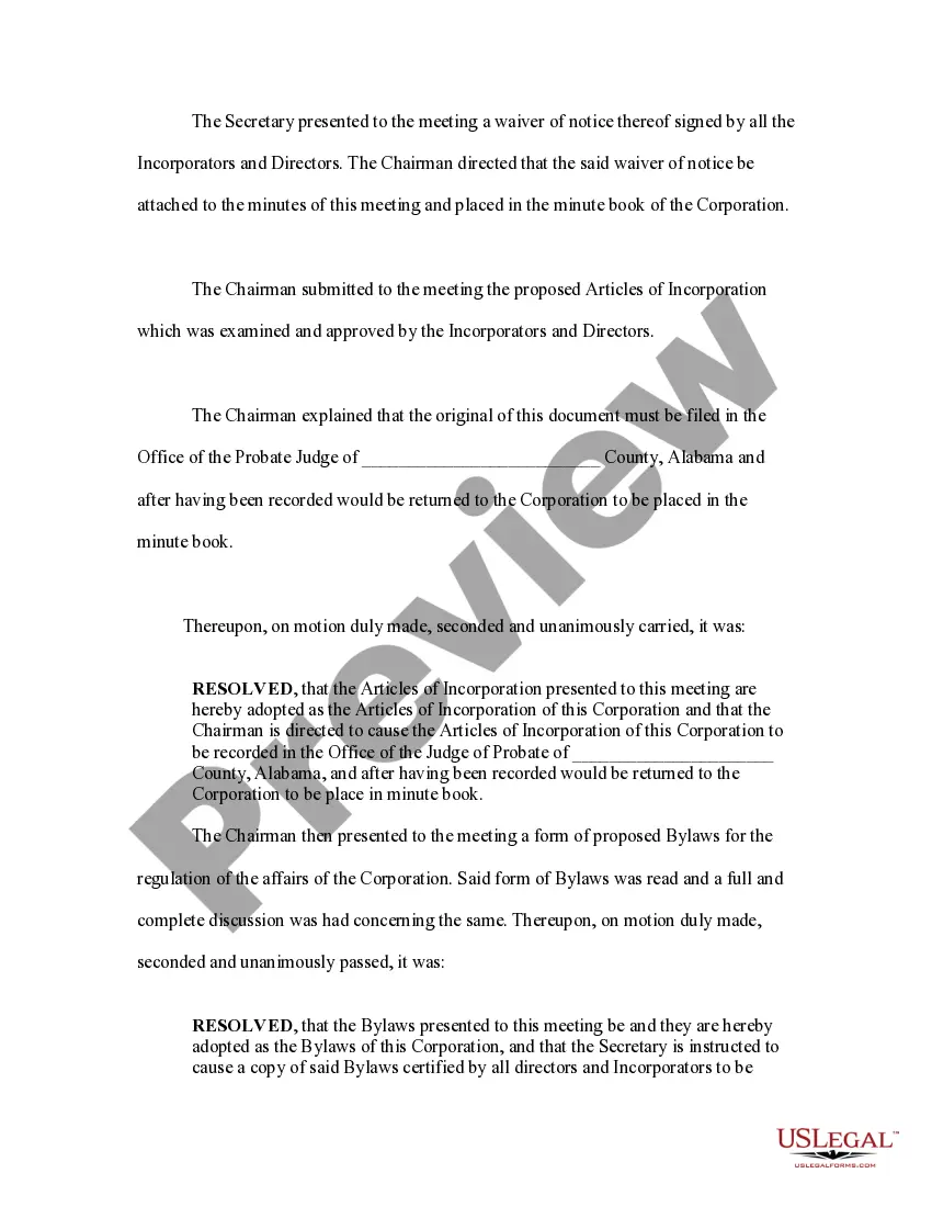 Preview Minutes of the Organizational Meeting of the Incorporations and Directors of a Nonprofit Corporation