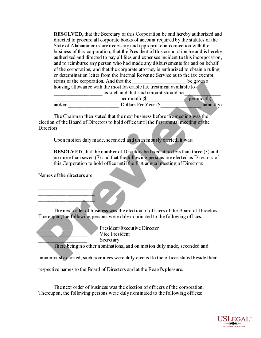 Preview Minutes of the Organizational Meeting of the Incorporations and Directors of a Nonprofit Corporation