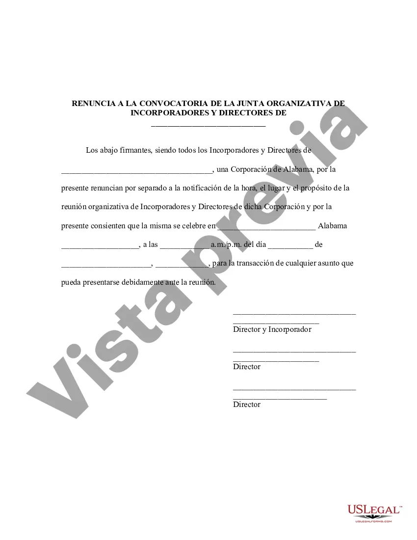 Preview Renuncia a la Notificación de la Reunión Organizativa de Incorporadores y Directores de una Corporación sin Fines de Lucro