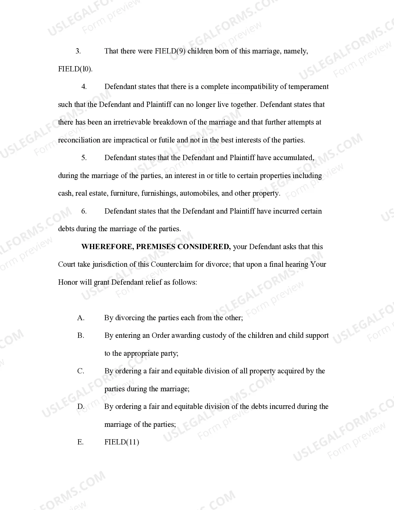 Preview Answer to Divorce Complaint