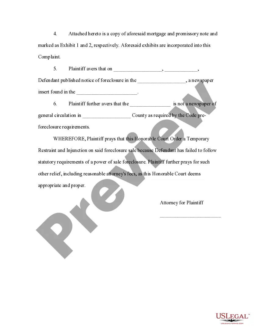 Preview Complaint to Enjoin a Foreclosure