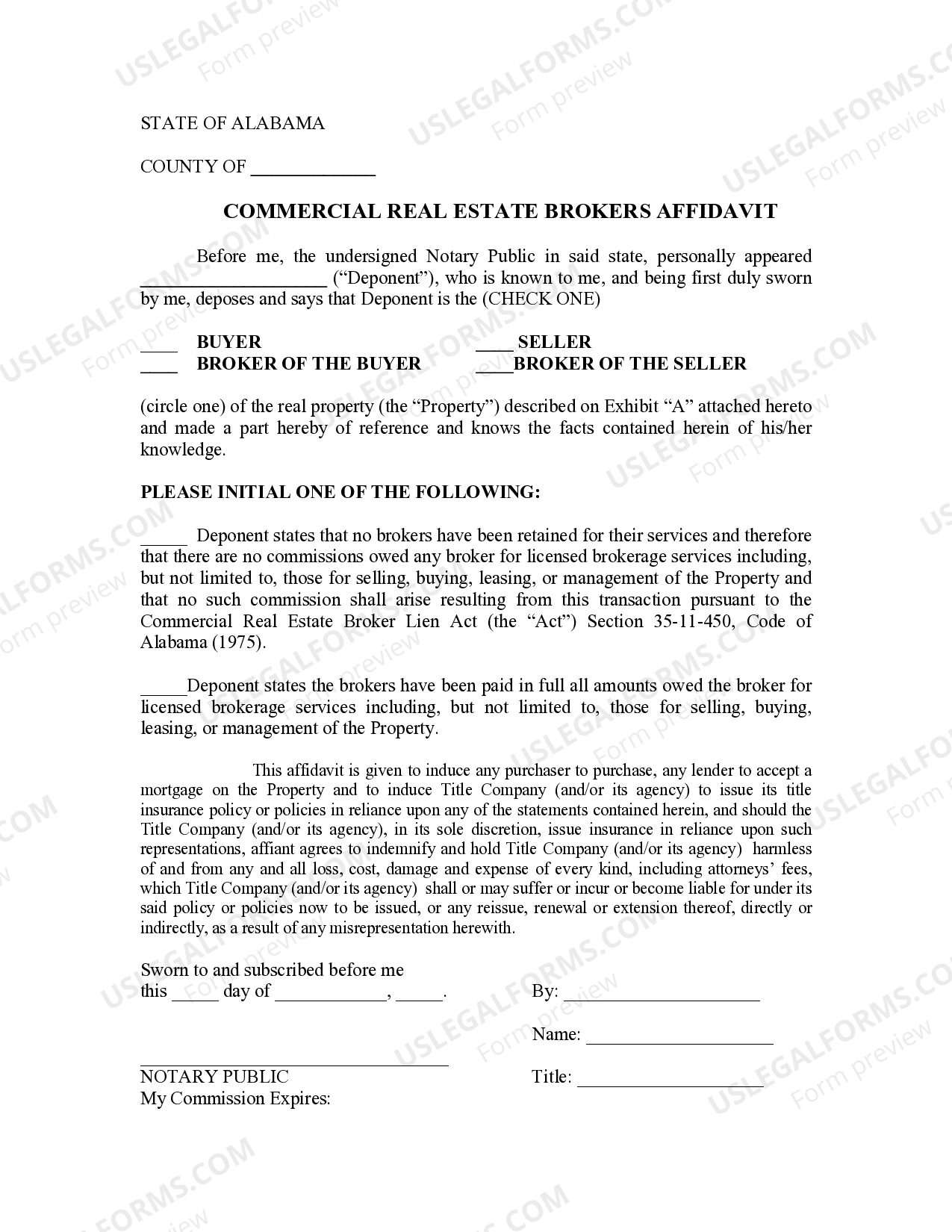 Alabama Commercial Real Estate Brokers Affidavit US Legal Forms