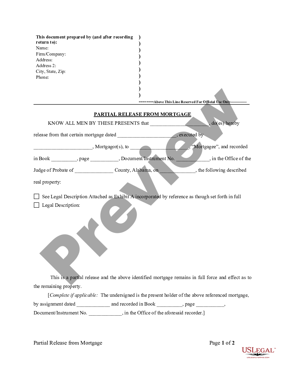 page 0 Partial Release of Property From Mortgage for Corporation preview