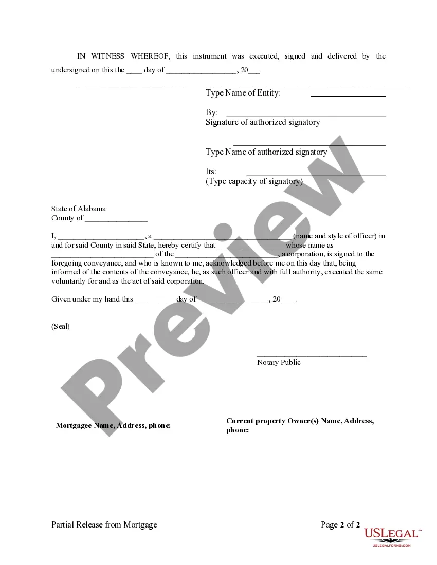 Preview Partial Release of Property From Mortgage for Corporation