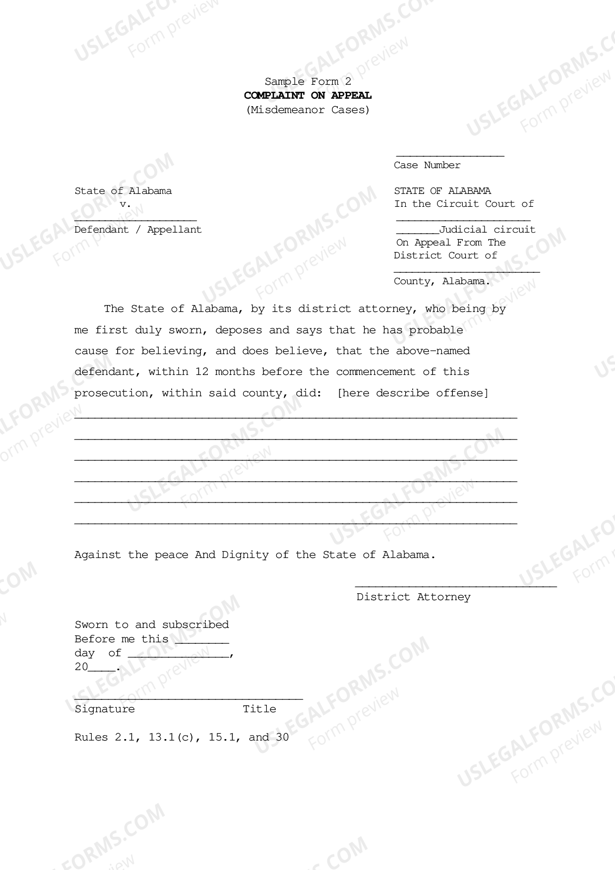 Alabama Complaint on Appeal ( Misdemeanor Cases ) US Legal Forms