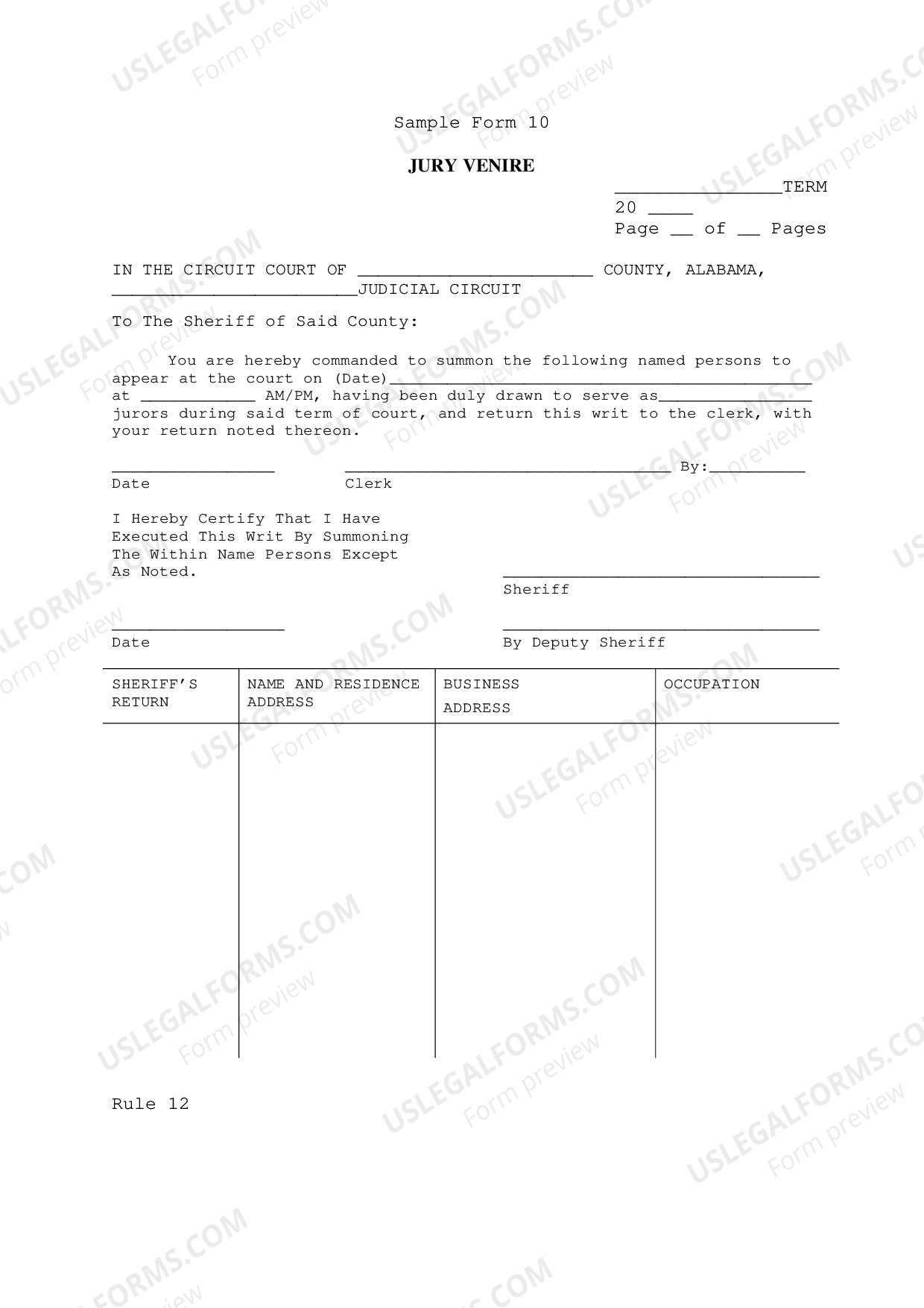 Alabama Jury Venire US Legal Forms