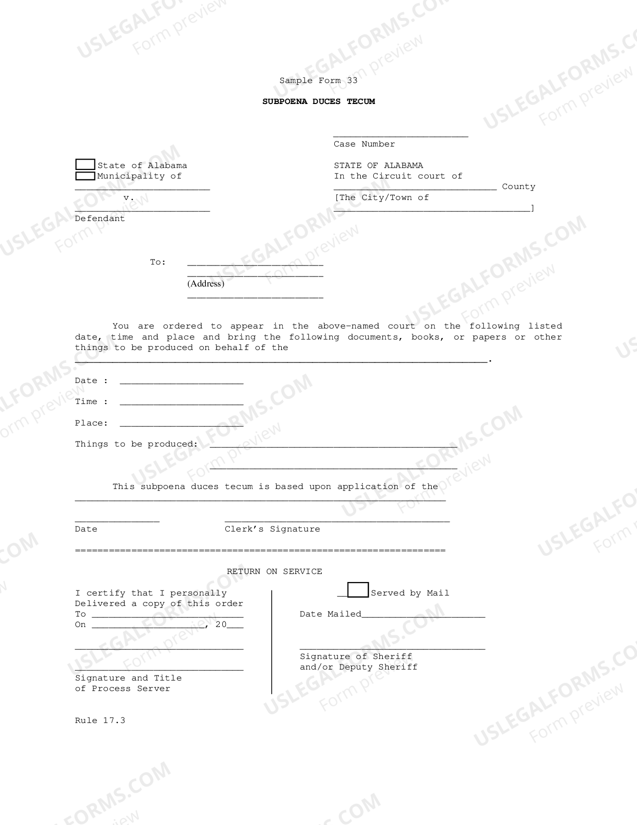Alabama Civil Subpoena Duces Tecum Form With Deposition US Legal Forms