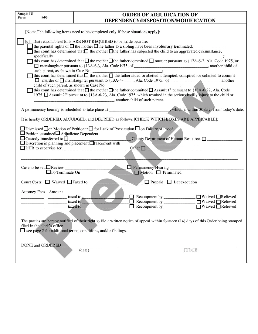 Preview Order of Adjudication of Dependency / Disposition / Modification