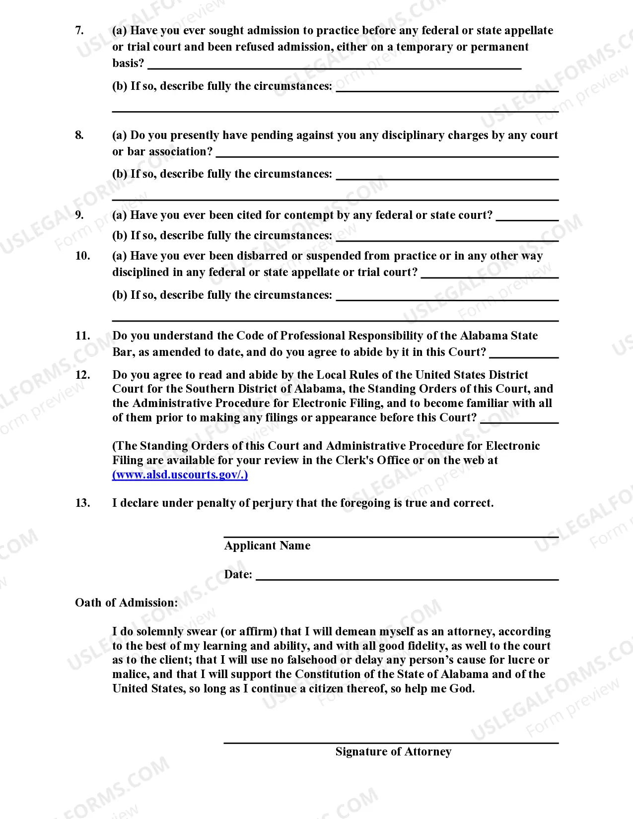 Preview Attorney Application For Admission To Practice