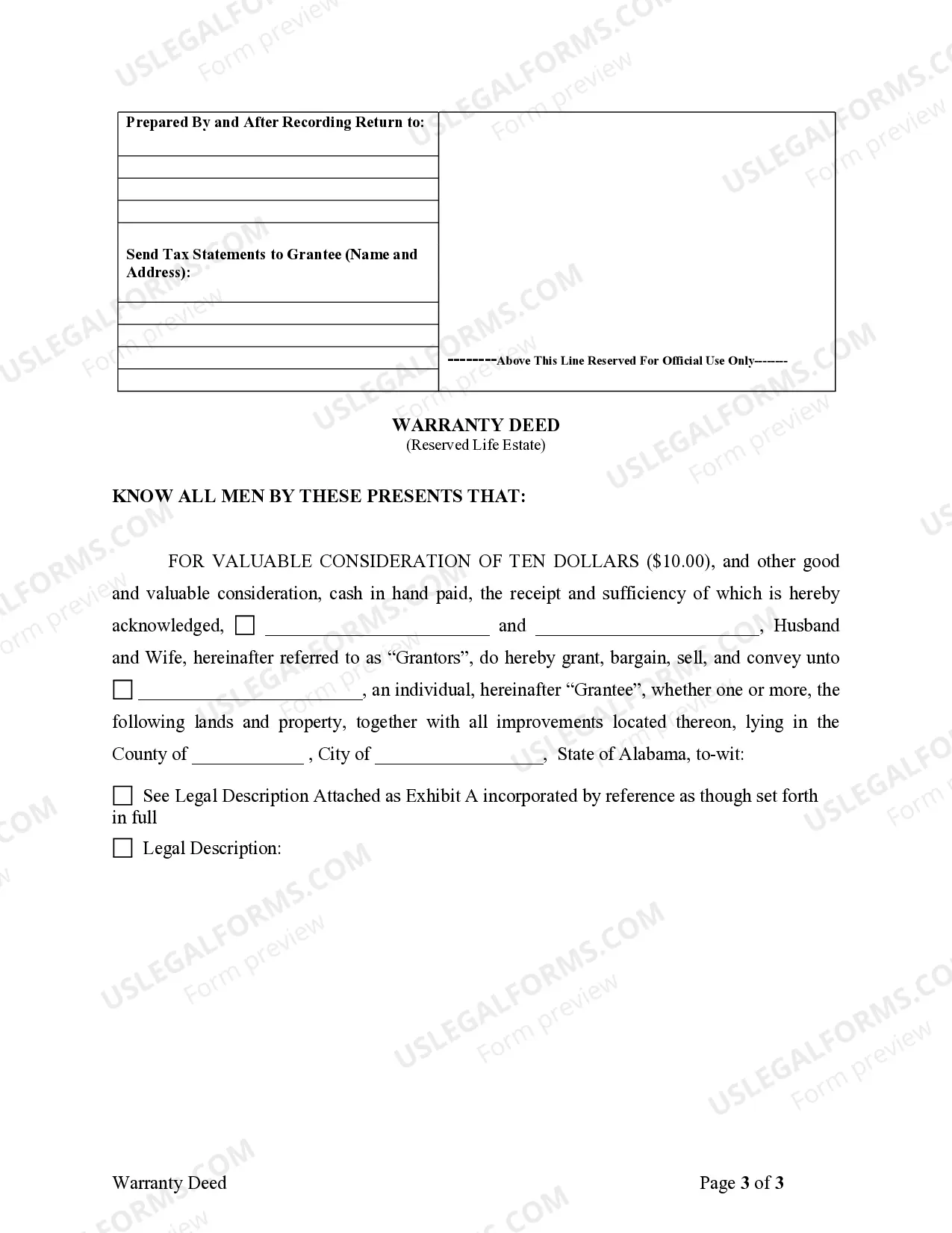 Preview Warranty Deed for Parents to Child with Reservation of Life Estate