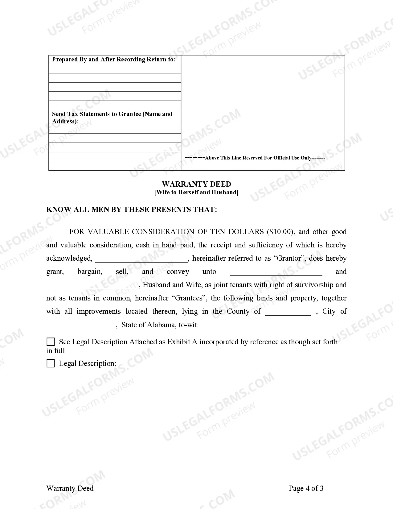 Preview Warranty Deed to Separate Property of one Spouse to both as Joint Tenants or as Community Property with Right of Survivorship