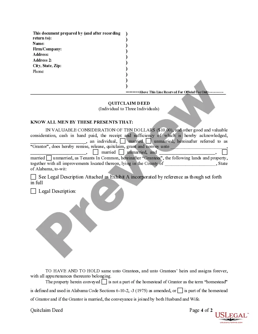 Preview Quitclaim Deed from one Individual to Three Individuals as Tenants in Common