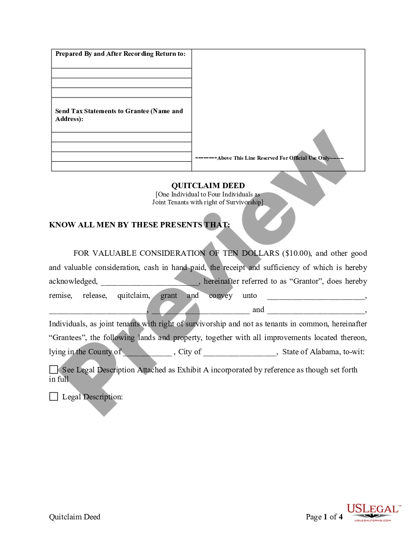 Huntsville Alabama Quitclaim Deed From One Individual To Four Individuals As Joint Tenants With 6993