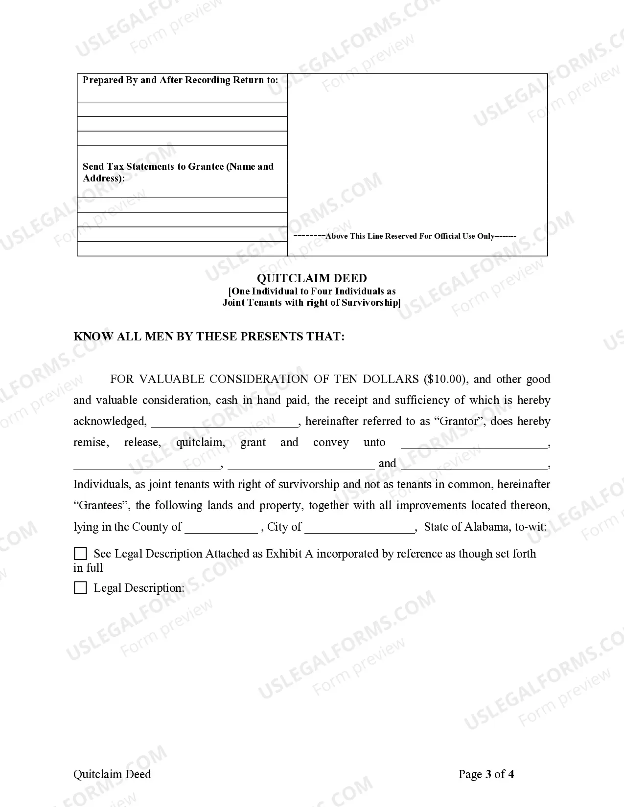Preview Quitclaim Deed from one Individual to Four Individuals as Joint Tenants with Right of Survivorship