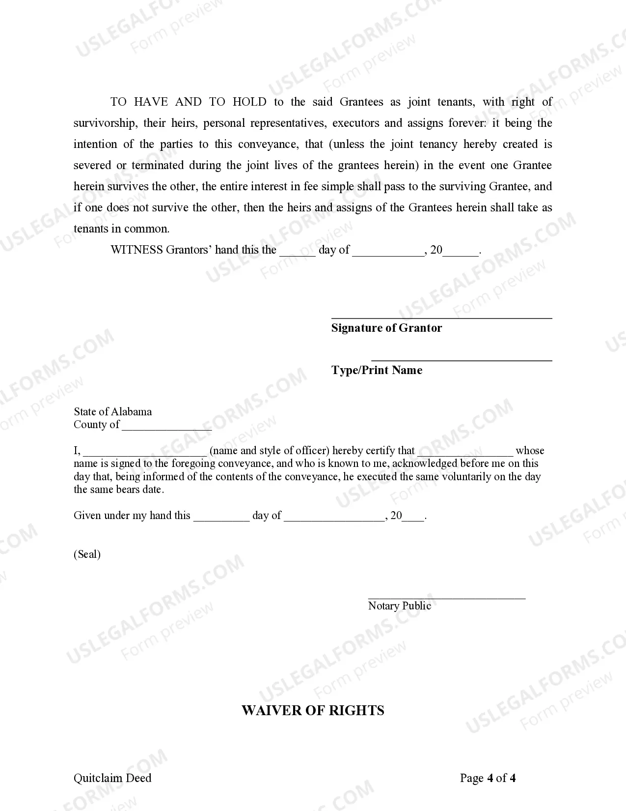 Preview Quitclaim Deed from one Individual to Four Individuals as Joint Tenants with Right of Survivorship