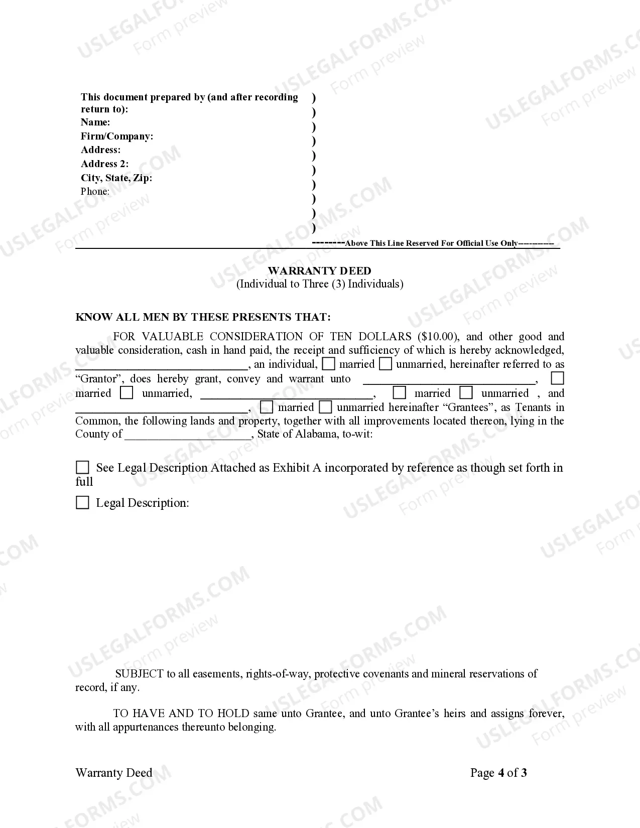 Preview Warranty Deed from One Individual to Three Individuals as Tenants in Common