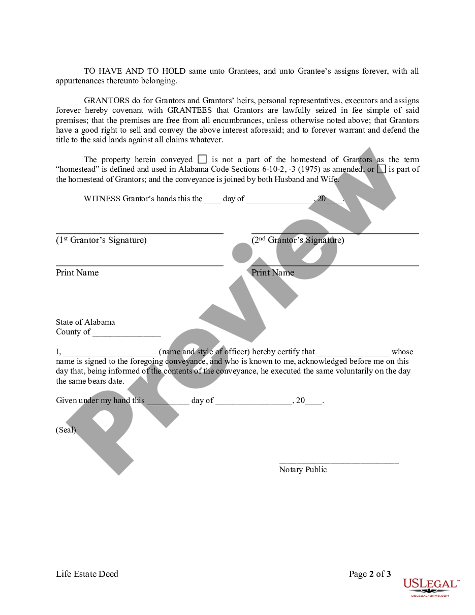 Alabama Warranty Deed for Retention of Life Estate (Husband and Wife to