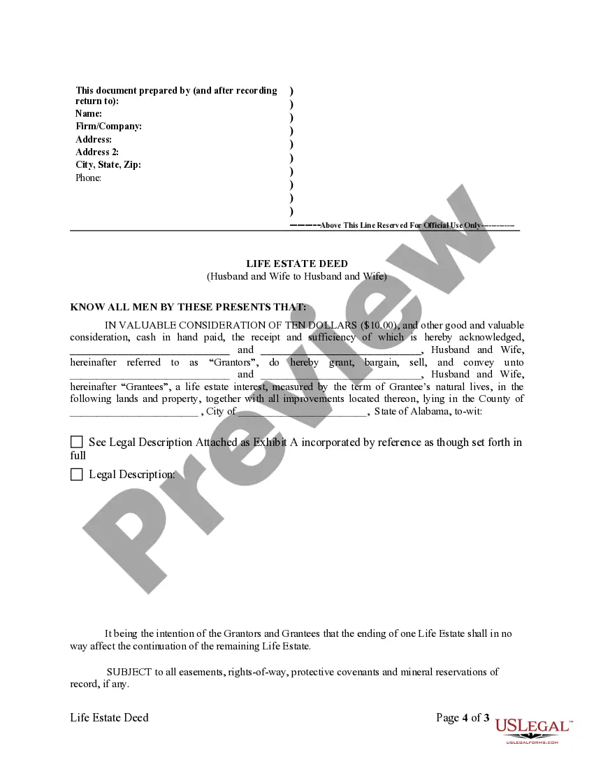 Get Warranty Deed for Retention of Life Estate (Husband and Wife to Husband and Wife) Preview Warranty Deed for Retention of Life Estate (Husband and Wife to Husband and Wife)